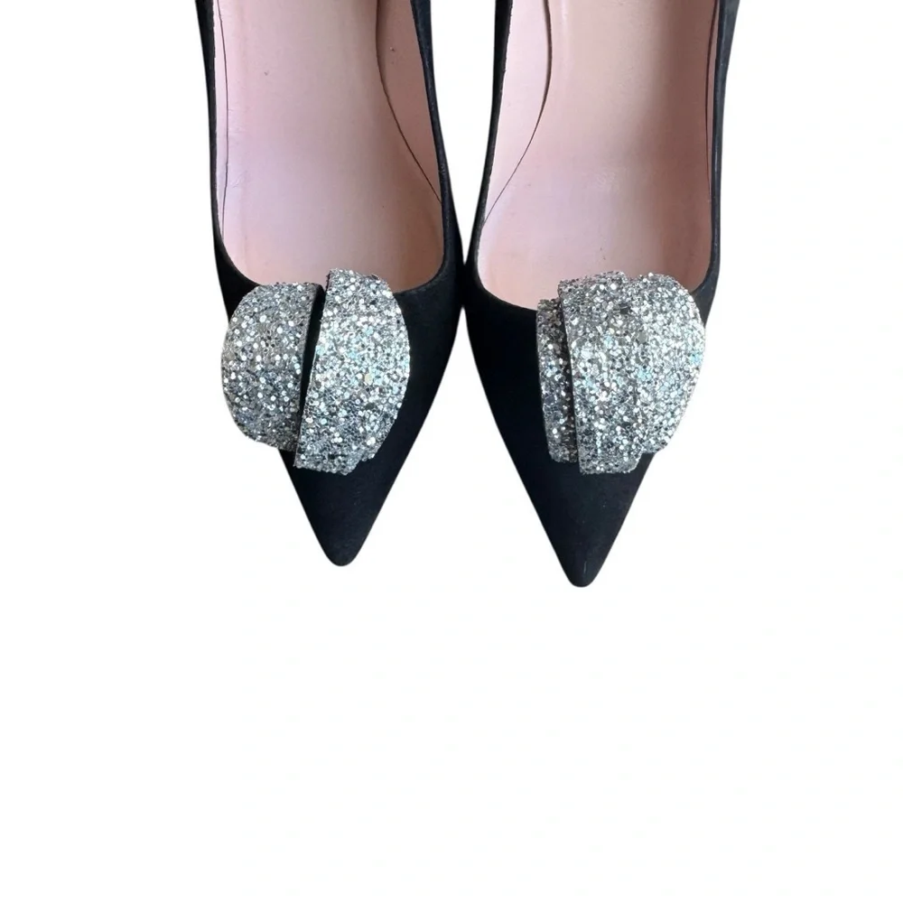 Kate Spade - Black Suede Pointed Toe Pumps Crystal Bow Heels Size 8